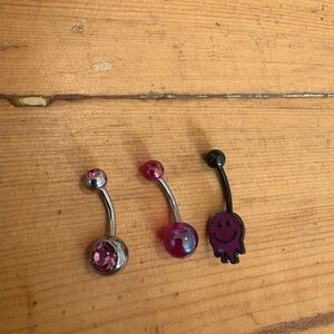 Set of Three Belly Button Rings with Pink and Black Accents